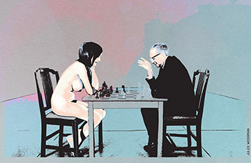 A Jules Weissman illustration of the famous Julian Wasser photo of Eve Babitz playing chess with Marcel Duchamp.